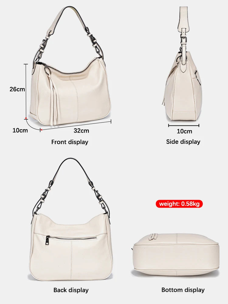 Zency Genuine Leather Hobo Bag Women Simple Classic Casual Handbag Shoulder Tote Soft Crossbody Large Pockets Tassel Bags