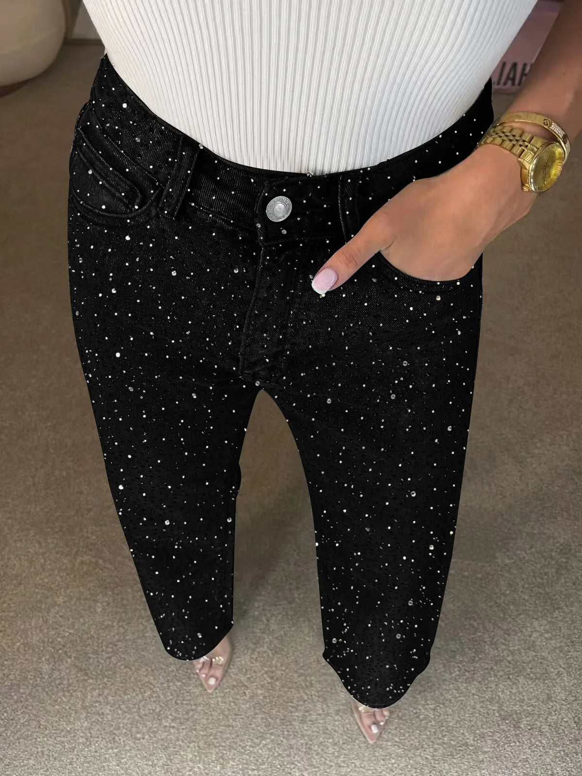 Japanese and Korean Casual Women's High Waisted Washed Denim Jeans, Loose and Slimming, Versatile and Rhinestone Hot Stamping