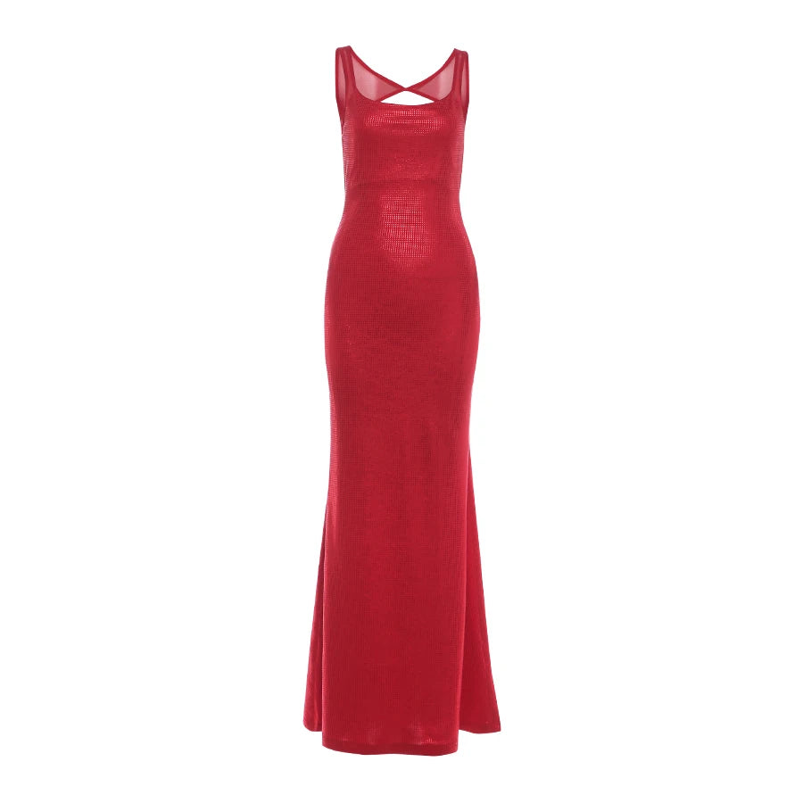 Weird Puss Christmas Backless Sequin Dress Women Sexy Sleeveless Low-Neck Stretch Skinny Elegant Fashion Party Club Maxi Bodycon
