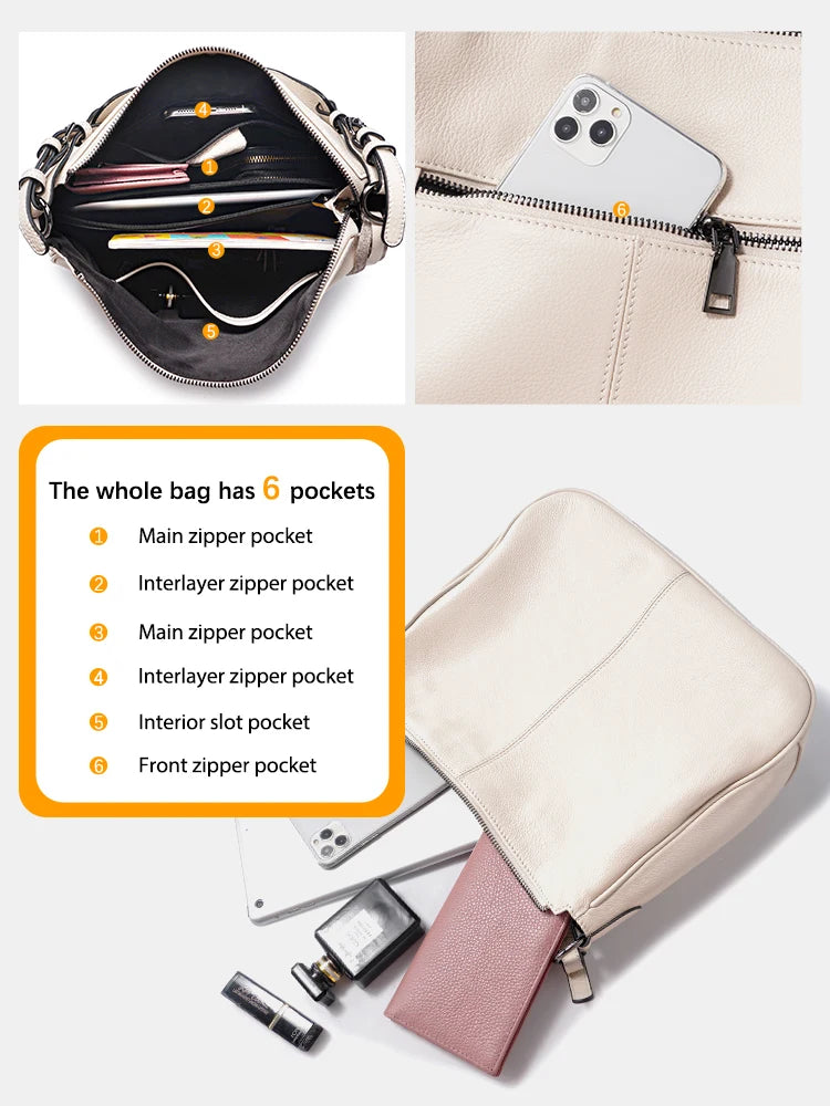 Zency Genuine Leather Hobo Bag Women Simple Classic Casual Handbag Shoulder Tote Soft Crossbody Large Pockets Tassel Bags