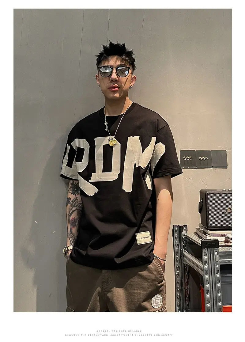 2023 Summer Casual All-match Trend Korean Fashion Short Sleeve Round Neck Solid Color Letter Printed Loose Fashion Youth T-shirt
