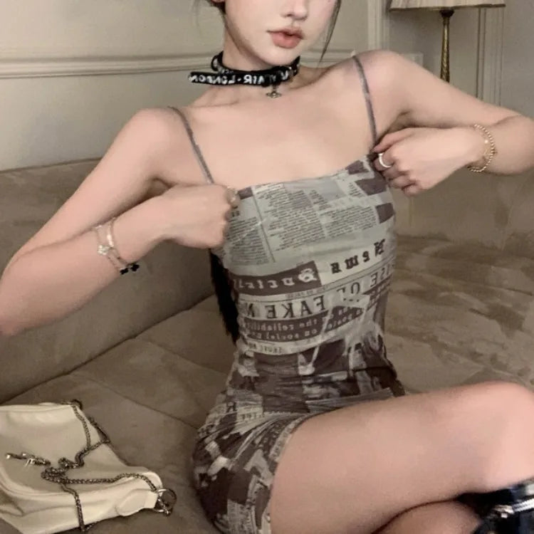 Dress for Women Korean Style Tight Newspaper Printed Dress Summer Hot Girl Suspender Short Skirt Pure Desire Long Sleeved Dress