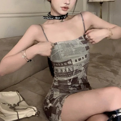 Dress for Women Korean Style Tight Newspaper Printed Dress Summer Hot Girl Suspender Short Skirt Pure Desire Long Sleeved Dress