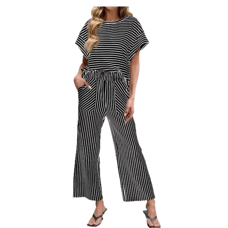 2026 New Women Pants Set Striped Casual Loose Fashion Comfortable Niche Round Neck Elastic Waist Daily Commuter Style Pants Set