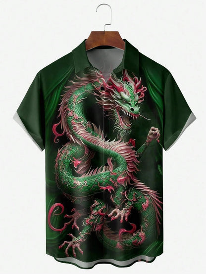 Art Dragon Fashion Print Men's Short Sleeve Shirts Casual Women's Button Up Short Sleeve Tops