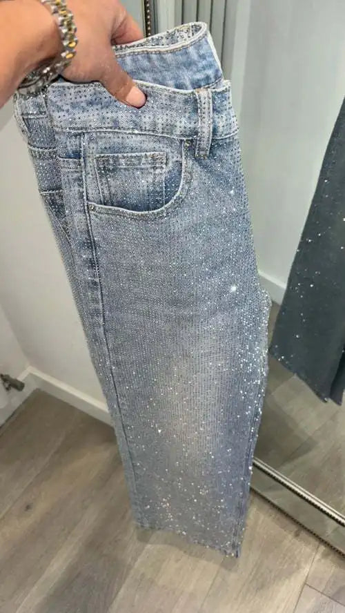Japanese and Korean Casual Women's High Waisted Washed Denim Jeans, Loose and Slimming, Versatile and Rhinestone Hot Stamping