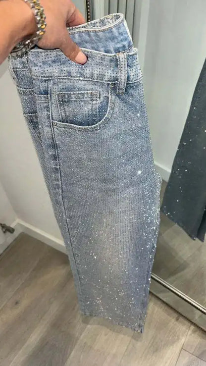 Japanese and Korean Casual Women's High Waisted Washed Denim Jeans, Loose and Slimming, Versatile and Rhinestone Hot Stamping