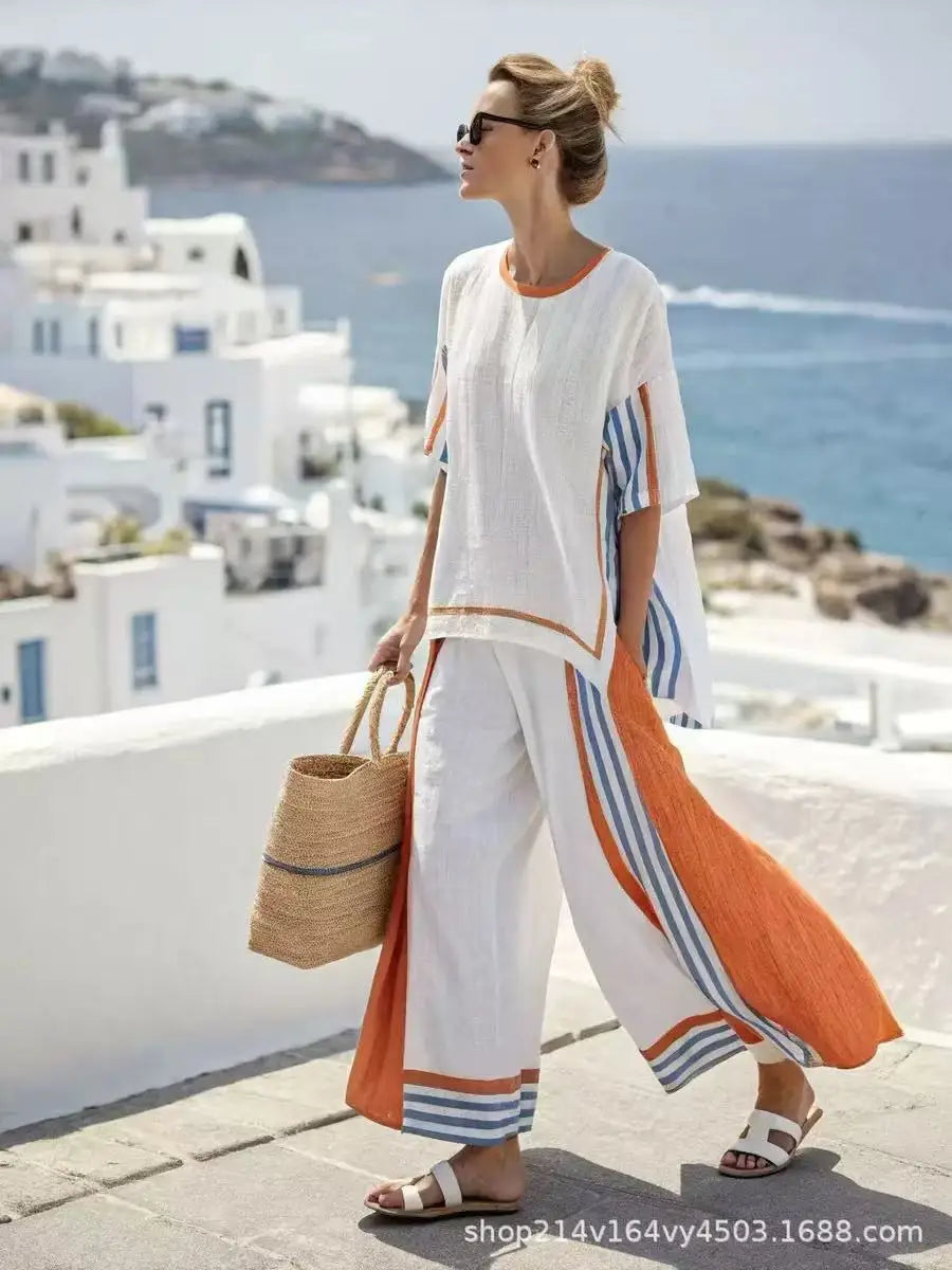 Retro Vacation Printed Striped 2Piece Set Half Sleeve Oversize Pullover Top+Long Pants Casual Women Patchwork Pocket Set Outfits