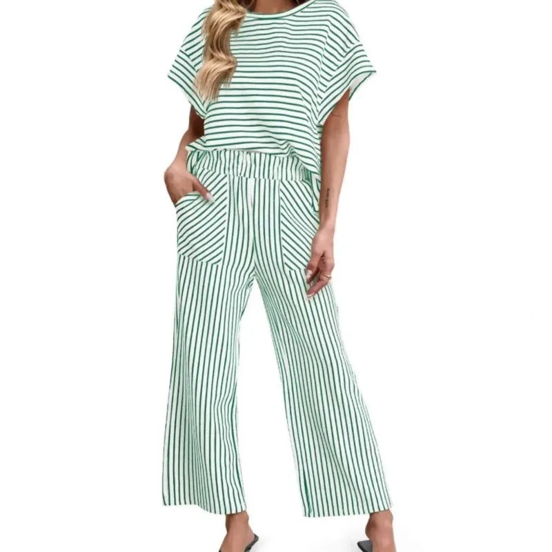 2026 New Women Pants Set Striped Casual Loose Fashion Comfortable Niche Round Neck Elastic Waist Daily Commuter Style Pants Set