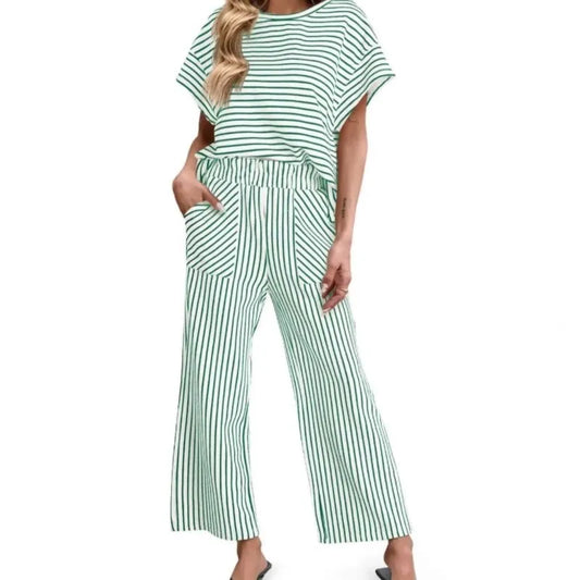 2026 New Women Pants Set Striped Casual Loose Fashion Comfortable Niche Round Neck Elastic Waist Daily Commuter Style Pants Set