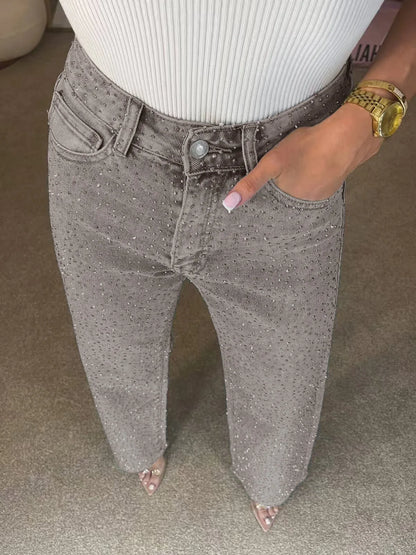 Japanese and Korean Casual Women's High Waisted Washed Denim Jeans, Loose and Slimming, Versatile and Rhinestone Hot Stamping