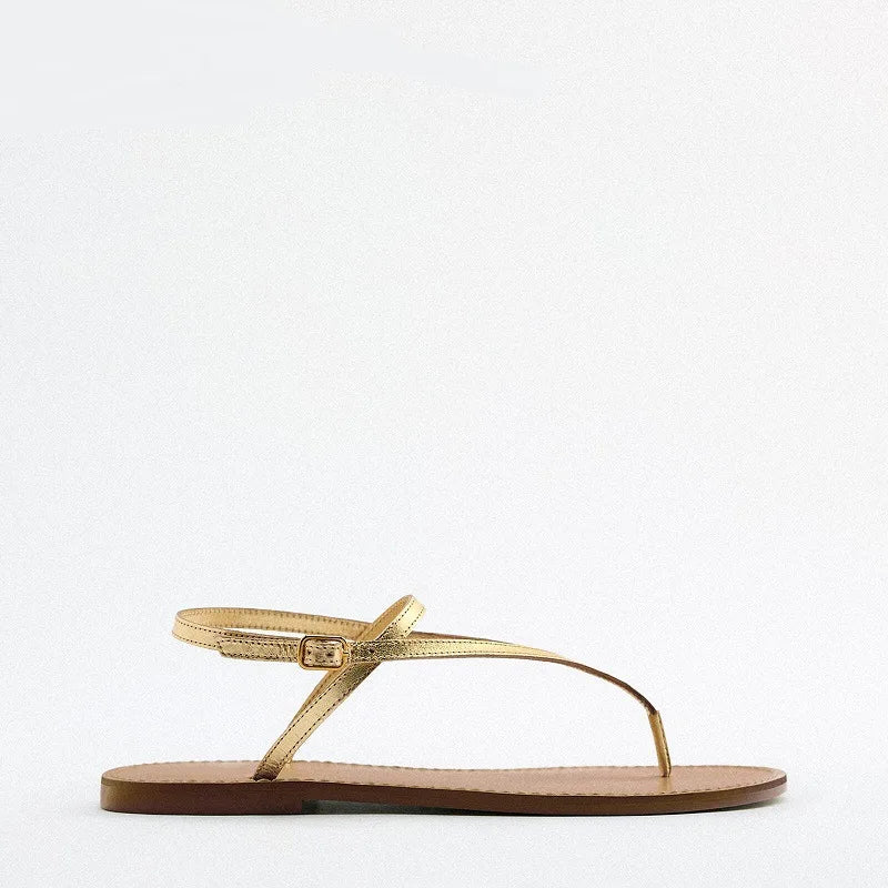 narrow band gold leather flat sandals women 35-43 big size summer jandal sandalias mujer T-strap flat Roman sandales femmes été