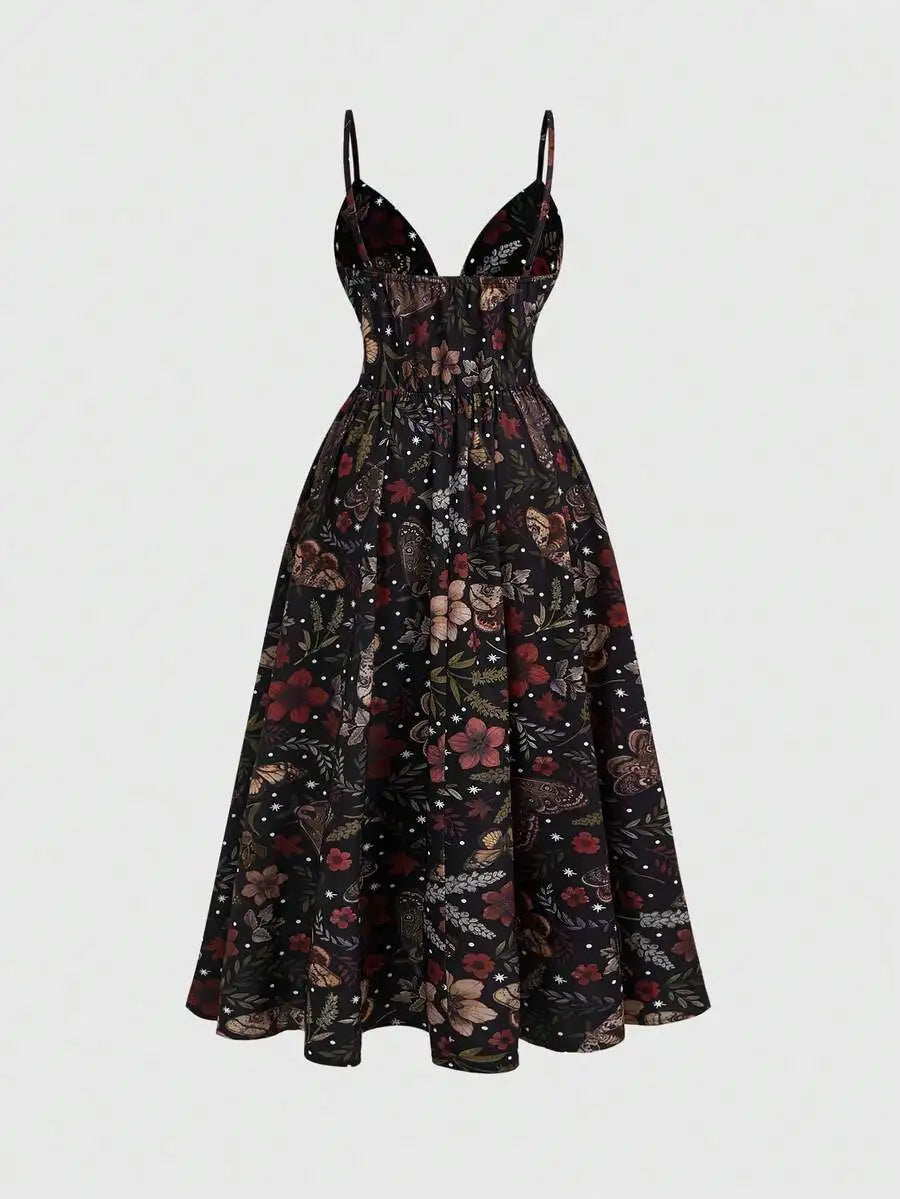 Floral Print Sleeveless V-Neck Midi Dress For Women Summer Casual Boho
