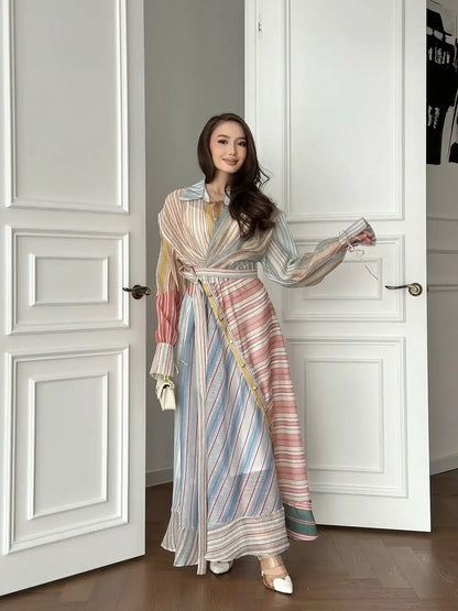 Women Multicolor Striped Maxi Dress Collared Waist Belt Wrap Long Sleeve Ruffle Hem Casual Summer Dress 2026 Trendy Lady Robe