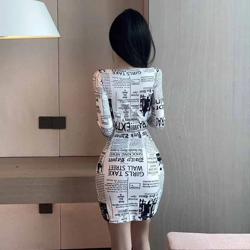 8186Europe and America2026Cross-border foreign trade American-style spicy girl newspaper print slimming long-sleeve dress trendy
