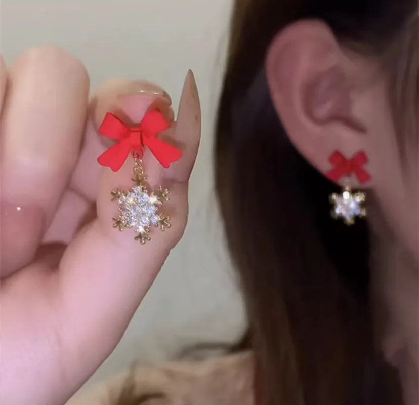 New Stylish Crystal Bow Knot Dangle Earrings For Women Lucky Red Color Heart Zircon Earring Girls Christmas New Year Jewelry