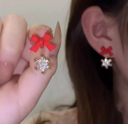 New Stylish Crystal Bow Knot Dangle Earrings For Women Lucky Red Color Heart Zircon Earring Girls Christmas New Year Jewelry