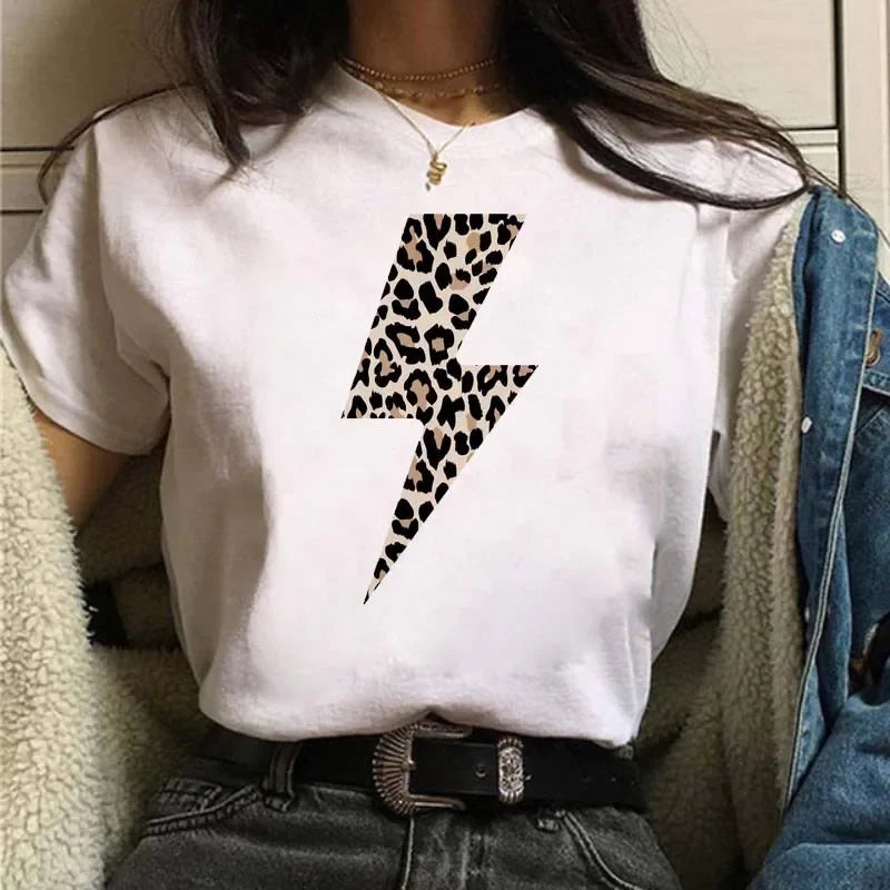 Leopard Print Simple Round Neck Lovely Woman Harajuku Graphic T Shirts Tops Summer Fashion Harajuku Sleeve Aesthetic Clothes