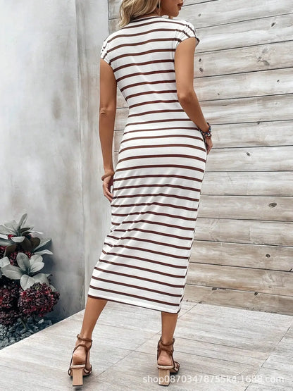 Summer New Long Dress Elegant Waist Strap Fashionable Striped Print Round Neck Short Sleeved High-end Women's Dress