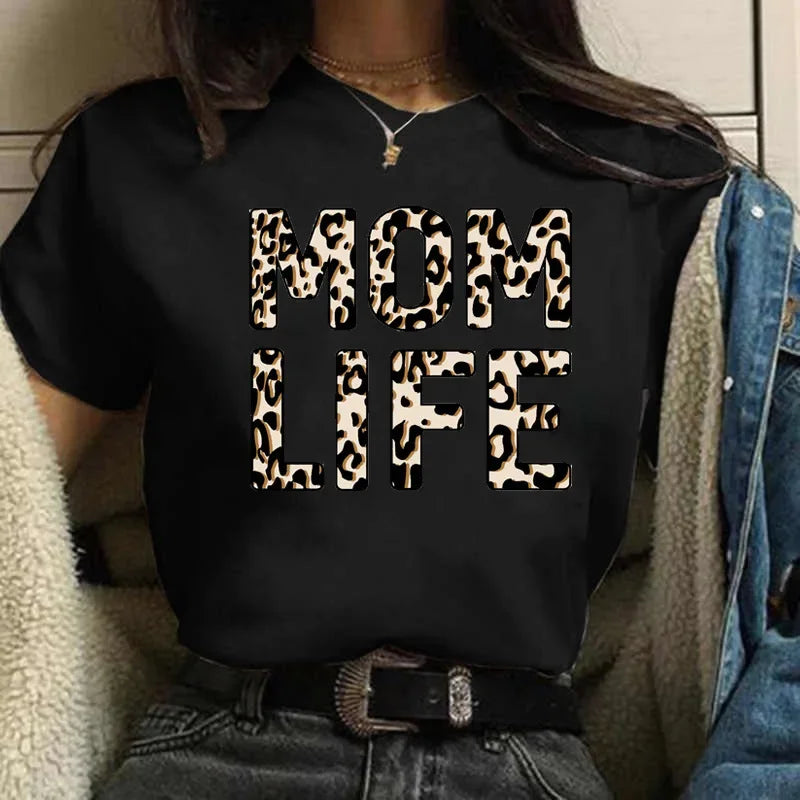 Leopard Print Simple Round Neck Lovely Woman Harajuku Graphic T Shirts Tops Summer Fashion Harajuku Sleeve Aesthetic Clothes