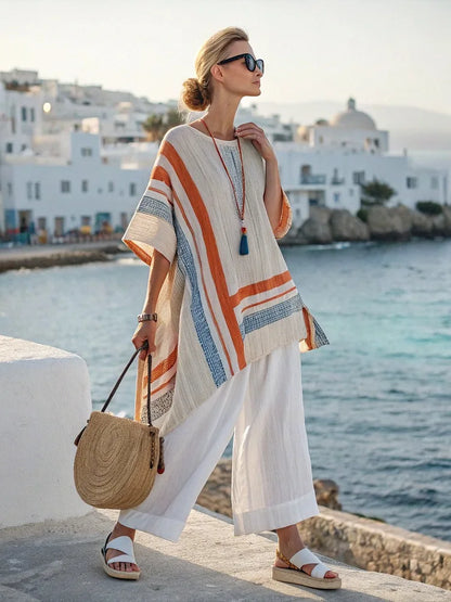 Retro Vacation Printed Striped 2Piece Set Half Sleeve Oversize Pullover Top+Long Pants Casual Women Patchwork Pocket Set Outfits