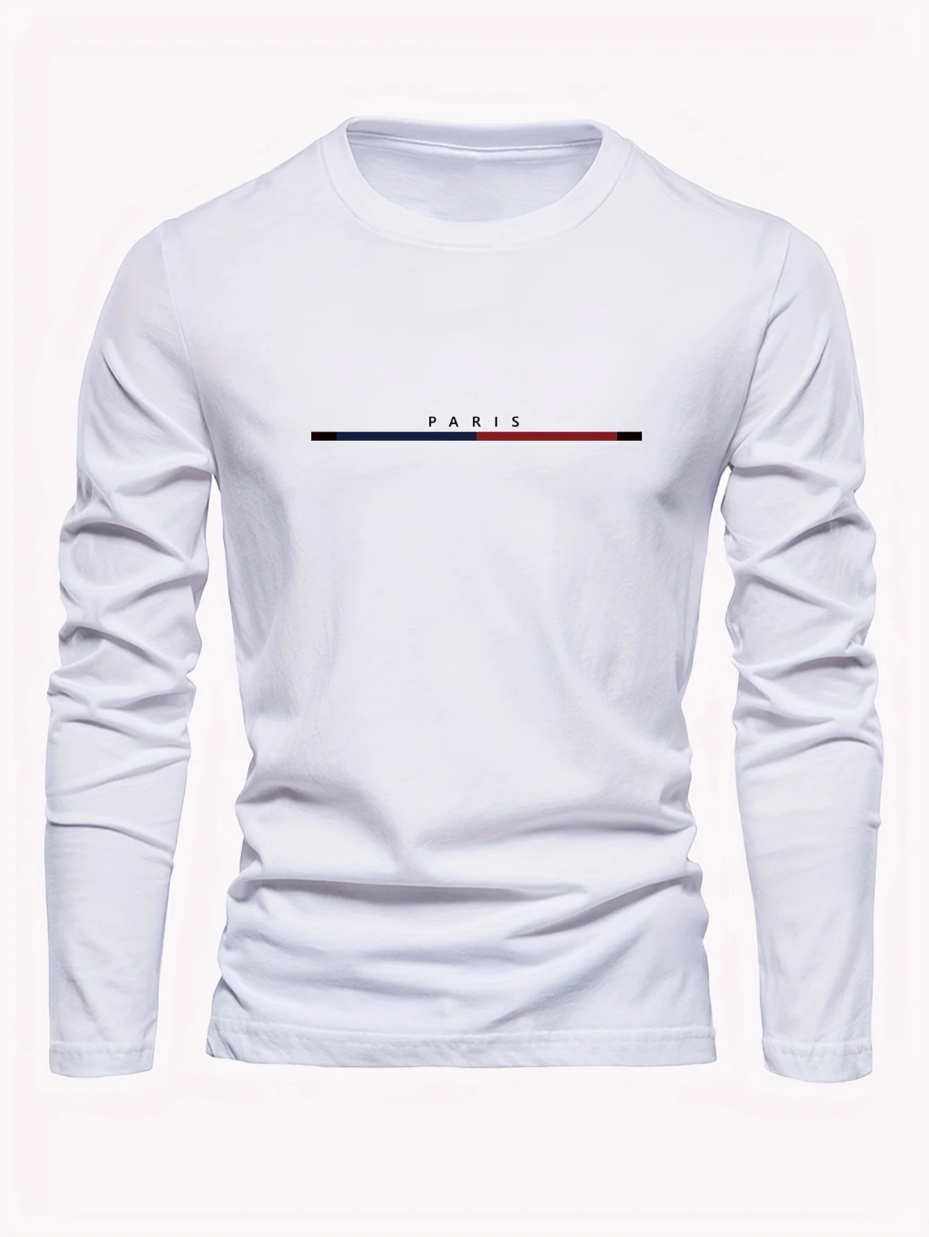 Men's 100% pure cotton summer loose comfortable casual  PARIS print large round neck long sleeve T-shirt top