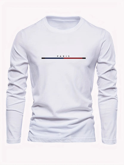Men's 100% pure cotton summer loose comfortable casual  PARIS print large round neck long sleeve T-shirt top