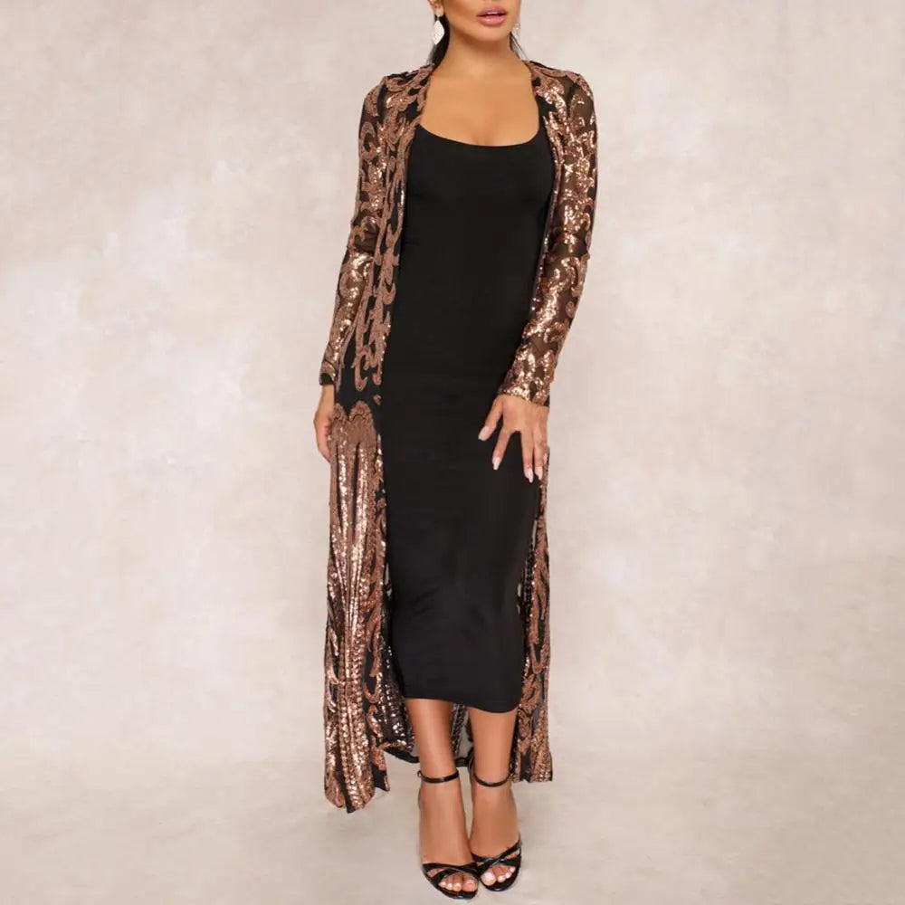 Women's Long Coat Sexy Sequin Perspective Long Sleeve Maxi Coat Gown Cardigan Vintage Evening Party Open Blouse кардиган женский