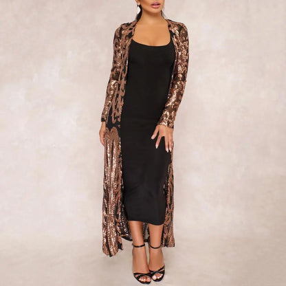 Women's Long Coat Sexy Sequin Perspective Long Sleeve Maxi Coat Gown Cardigan Vintage Evening Party Open Blouse кардиган женский