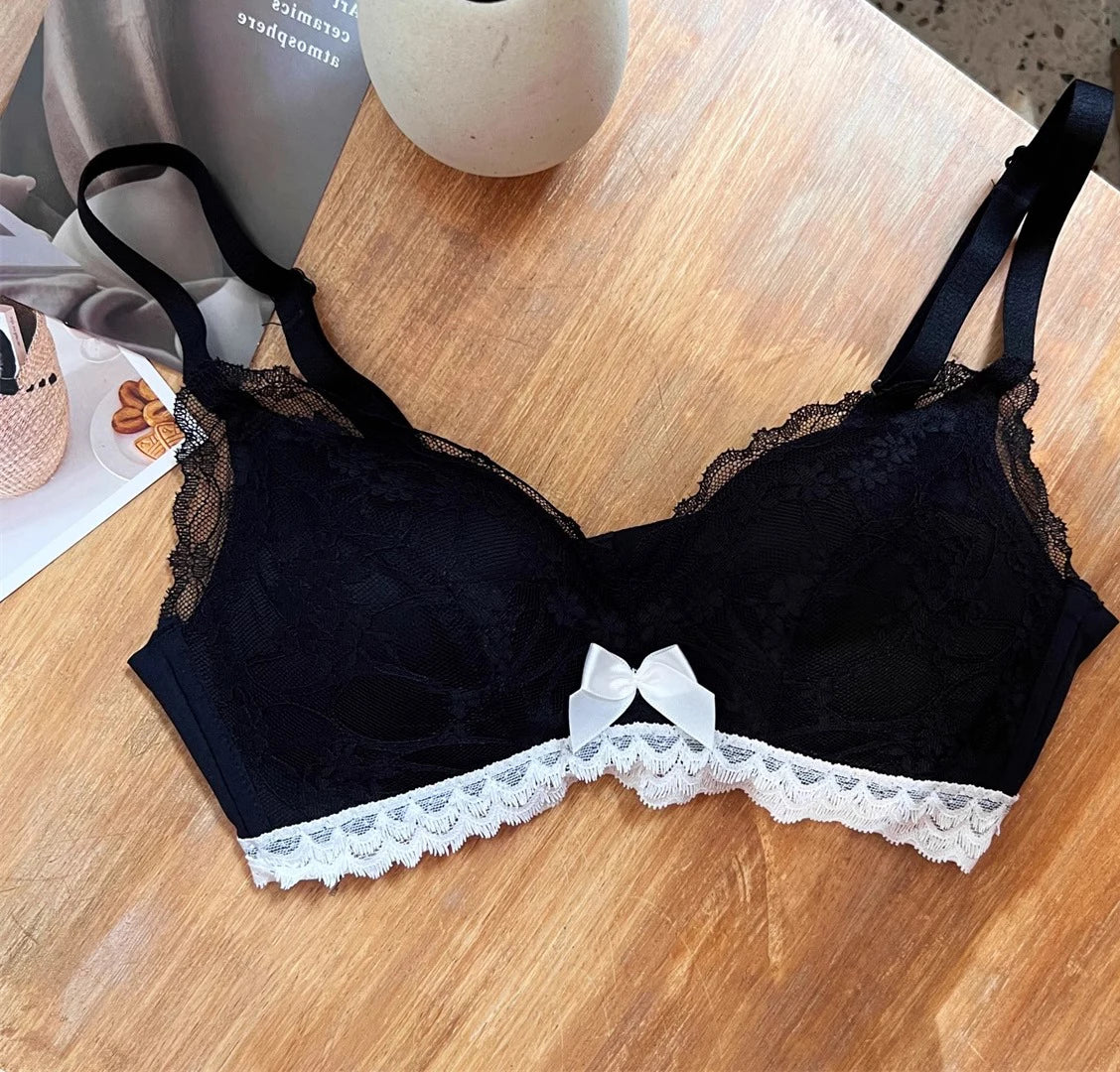 Wireless French Bralette for Small Chest, No Adjustable Push Up Lace Bra Set, Comfort Sexy Non Padded Lingerie for Women MOYISU
