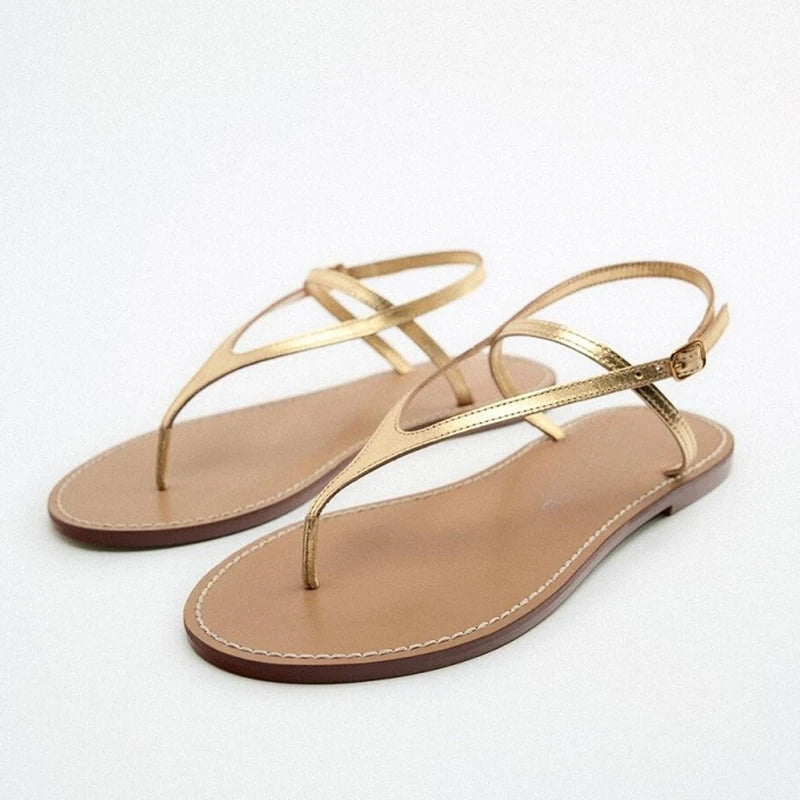 narrow band gold leather flat sandals women 35-43 big size summer jandal sandalias mujer T-strap flat Roman sandales femmes été