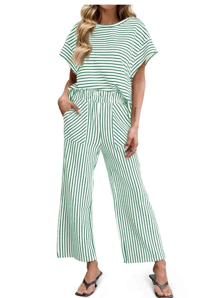 2026 New Women Pants Set Striped Casual Loose Fashion Comfortable Niche Round Neck Elastic Waist Daily Commuter Style Pants Set