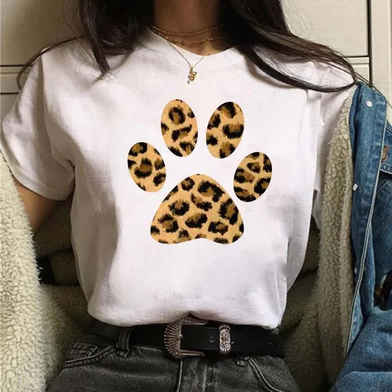 Leopard Print Simple Round Neck Lovely Woman Harajuku Graphic T Shirts Tops Summer Fashion Harajuku Sleeve Aesthetic Clothes