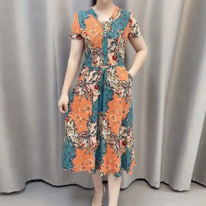 Women’s Vintage Floral Midi Dress – Peter Pan Collar Short Sleeve Button Dress