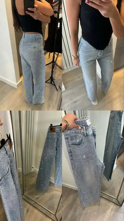 Japanese and Korean Casual Women's High Waisted Washed Denim Jeans, Loose and Slimming, Versatile and Rhinestone Hot Stamping