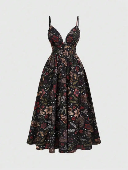 Floral Print Sleeveless V-Neck Midi Dress For Women Summer Casual Boho
