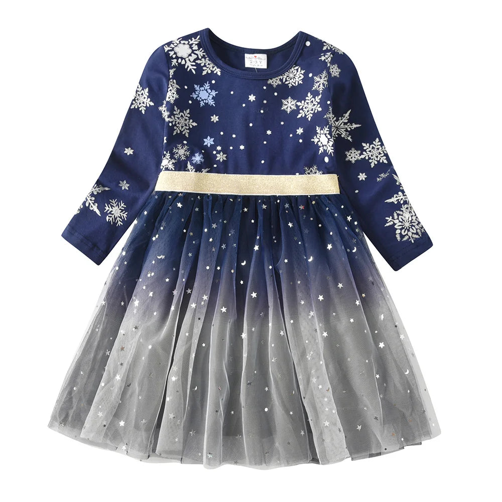 VIKITA Girls Snowflakes Print Christmas New Year Xmas Festival Princess Elegant Dresses Kids Long Sleeve Autumn Winter Dresses