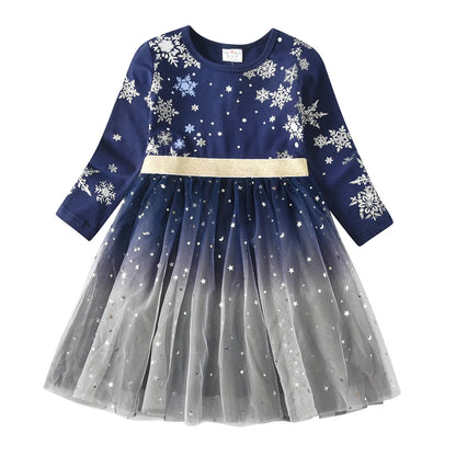 VIKITA Girls Snowflakes Print Christmas New Year Xmas Festival Princess Elegant Dresses Kids Long Sleeve Autumn Winter Dresses