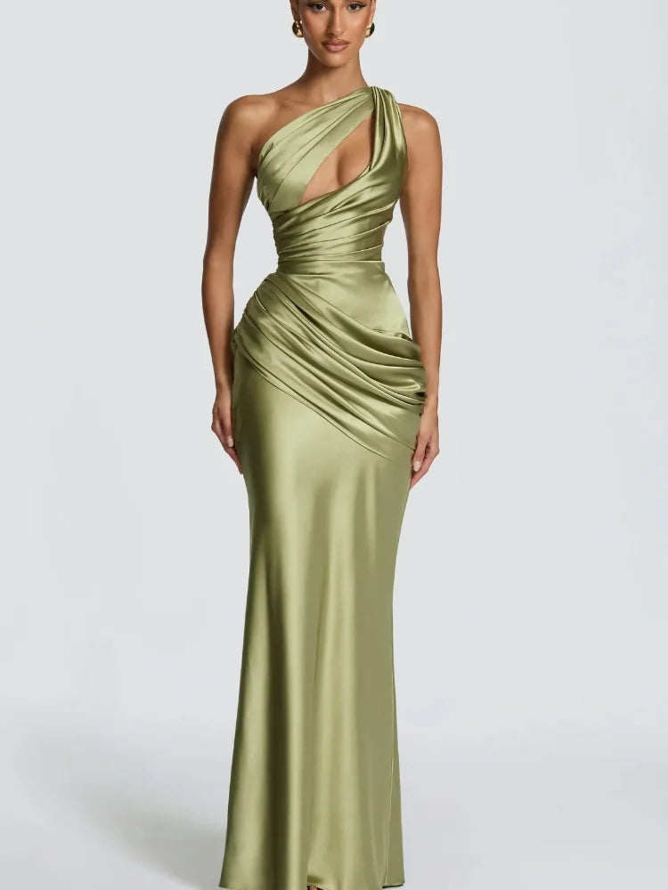 Women Green Ruched Elegant Satin Maxi Dress Mermaid One-shoulder Cutout Slim Fit Flowy Vestido 2026 Lady Summer Evening Vestidos