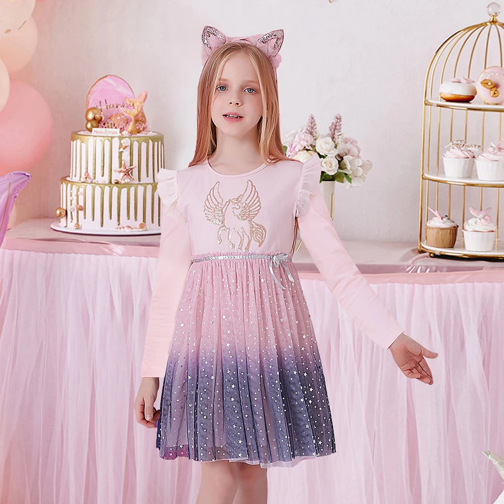 DXTON Winter Long Sleeve Girls Dresses Unicorn Cartoon Kids Party Princess Dress-up Gradient Mesh Childres Vacation Costumes