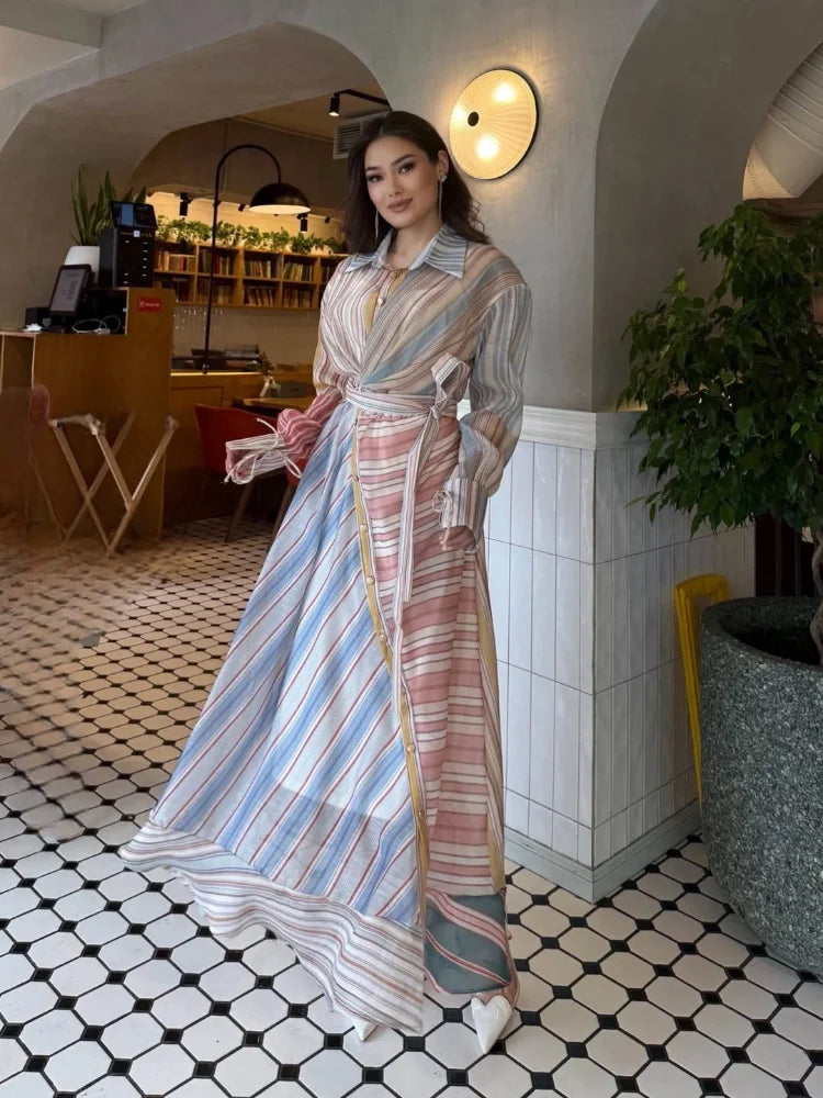 Women Multicolor Striped Maxi Dress Collared Waist Belt Wrap Long Sleeve Ruffle Hem Casual Summer Dress 2026 Trendy Lady Robe