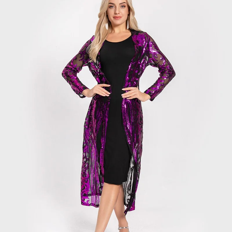 Women Sexy Long Sequin Open Front Mesh Cardigan Embroidery Long Sleeve Blouse Cover Up Coat Evening Prom Party Tops