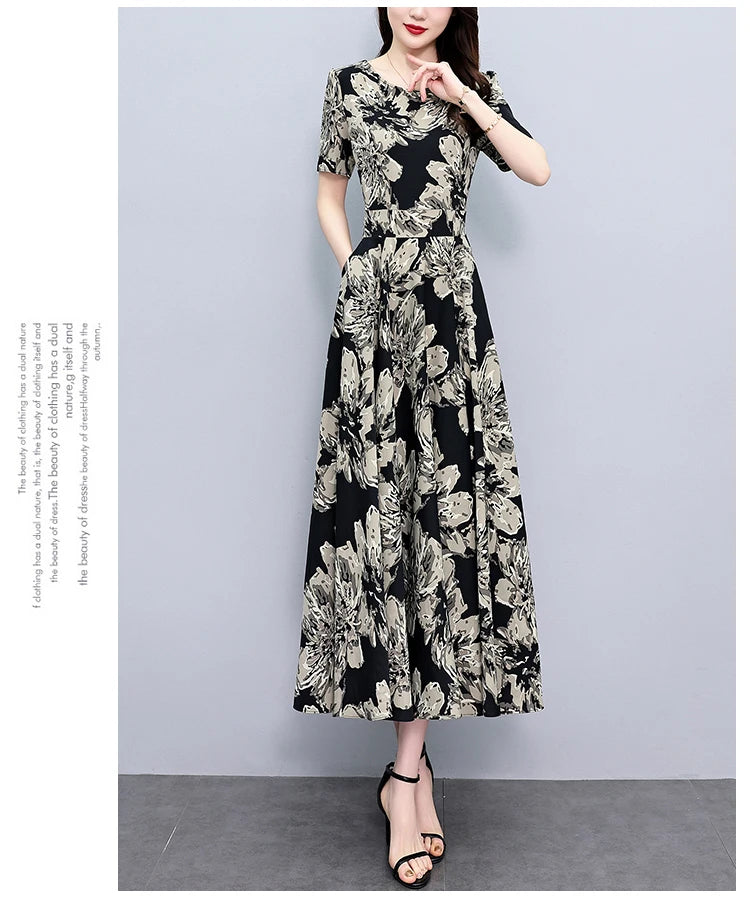2024 Summer Floral Casual Long Sundress Women Elegant Bodycon Party Chic Prom Night Dresses Fashion Vintage Black Luxury Clothes