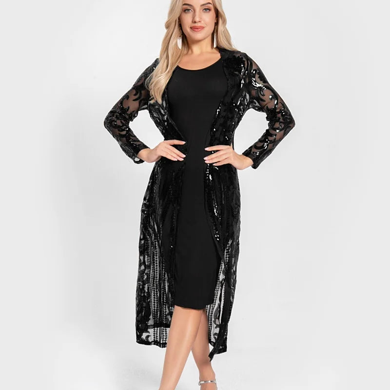Women Sexy Long Sequin Open Front Mesh Cardigan Embroidery Long Sleeve Blouse Cover Up Coat Evening Prom Party Tops