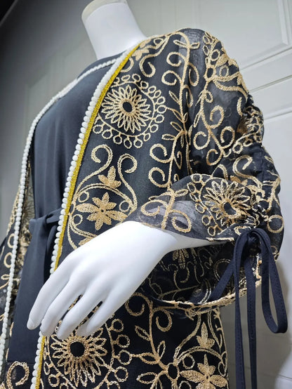 Eid Muslim Abayas for Women Party 2 Piece Set Embroidery Cardigan Robe Lace Up Dress Morocco Kaftan Islam Ramadan Dubai Vestidos