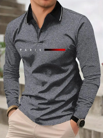 The new men's long-sleeved POLO shirt for Spring and Autumn 2025 is casual and comfortable with 3D letter pattern printing
