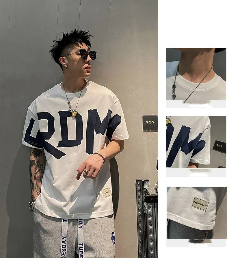 2023 Summer Casual All-match Trend Korean Fashion Short Sleeve Round Neck Solid Color Letter Printed Loose Fashion Youth T-shirt