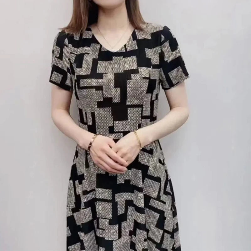 Elegant Fashion Geometric Printing Dresses Summer 2023 New Short Sleeve V-Neck Loose Tunic Pullovers Midi Dress Women's Clothing