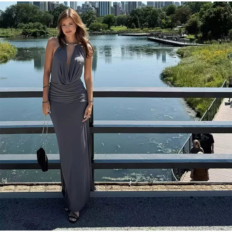 Elegant Women's Grey Halter Cowl-neck Draped Maxi Dress Sleeveless Slim Robe 2025 Summer New Fashion Female Evening Party Gown