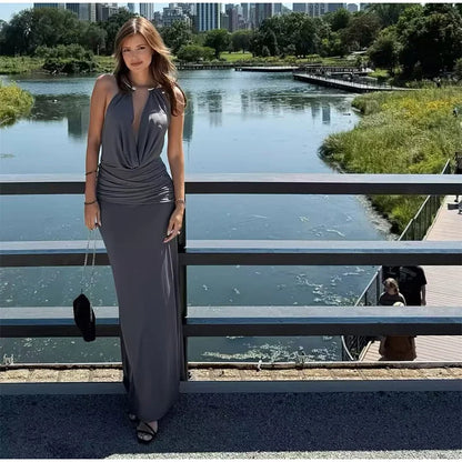 Elegant Women's Grey Halter Cowl-neck Draped Maxi Dress Sleeveless Slim Robe 2025 Summer New Fashion Female Evening Party Gown